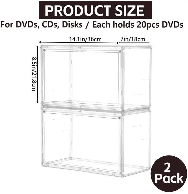 Alt view image 2 of 5 - 2 Pack Acrylic DVD/CD Storage Box Stackable CD Organizer Clear Plastic CD Case Holder with Magnetic Dustproof Flip Cover, Media Storage for Blu-rays Discs, Small Books, Holds up to 48 CD Cases