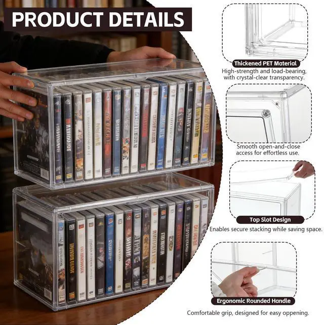 Alt view image 3 of 5 - 2 Pack Acrylic DVD/CD Storage Box Stackable CD Organizer Clear Plastic CD Case Holder with Magnetic Dustproof Flip Cover, Media Storage for Blu-rays Discs, Small Books, Holds up to 48 CD Cases