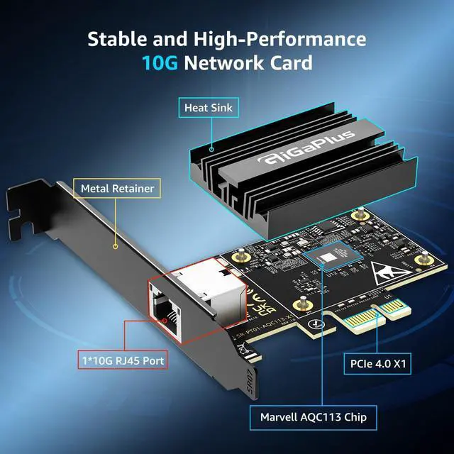 Alt view image 3 of 5 - 10Gbe PCI-e4.0 X1 Network Card, Marvell AQC113 Controller, 10G Base-T RJ45 Port NIC, GiGaPlus 100/1000/2500/10000Mbps Ethernet Card, 10Gb Ethernet Adapter Support Windows10/11/Windows Server/Linux