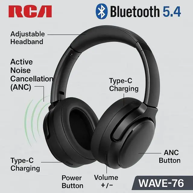Alt view image 5 of 5 - RCA WAVE-76 ANC Bluetooth Wireless Headphones