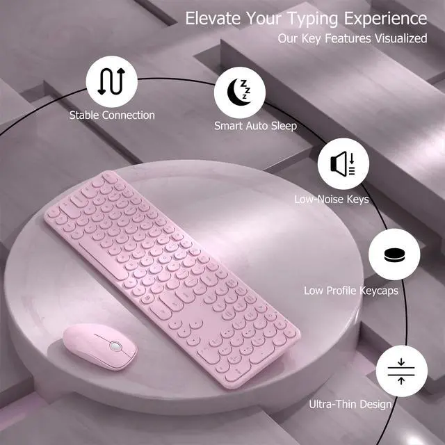 Alt view image 3 of 5 - COVEVA Wireless Keyboard and Mouse Combo, USB Receiver Plug and Play, Low Profile Quiet Typing Design, 110 Round Keys Full-Size Silent Keyboard Set for PC, Windows, Mac, Desktop, Laptop(Pink)