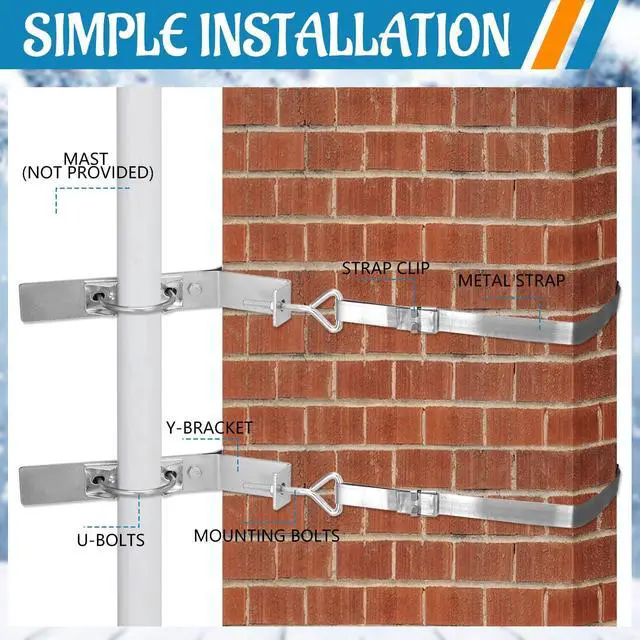 Alt view image 3 of 5 - Blulu 2 Set TV Antenna Chimney Y-Mount Kit 12 ft Galvanized Steel Straps Stainless Steel 4 Inch Standoff Pole Adjustable Mast Wall Mounting Heavy Duty for Cb Ham Home Outdoor Weather Station
