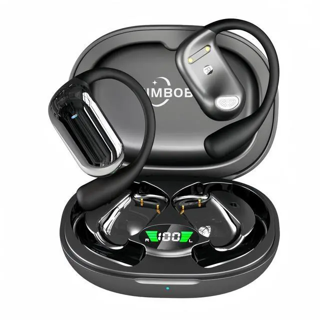 Main image of JIMBOBO Open Ear Headphone Bluetooth 5.4 Wireless Earphone Air Conduction Earbuds with Earhook Mic 50H Playtime LED Display Charging Case Comfort Sport Headset for Running, Fitness, Yoga, Work
