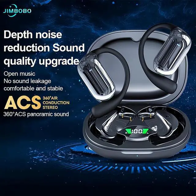 Alt view image 2 of 5 - JIMBOBO Open Ear Headphone Bluetooth 5.4 Wireless Earphone Air Conduction Earbuds with Earhook Mic 50H Playtime LED Display Charging Case Comfort Sport Headset for Running, Fitness, Yoga, Work
