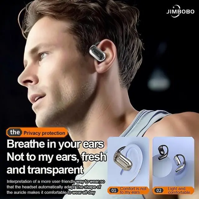 Alt view image 3 of 5 - JIMBOBO Open Ear Headphone Bluetooth 5.4 Wireless Earphone Air Conduction Earbuds with Earhook Mic 50H Playtime LED Display Charging Case Comfort Sport Headset for Running, Fitness, Yoga, Work