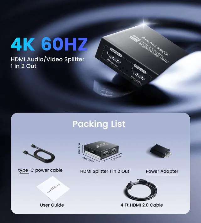 Alt view image 4 of 5 - 4K@60Hz HDMI Splitter 1 in 2 Out w/ 4ft HDMI Cable, HDMI Audio Splitter for Soundbar, Support Dolby Vision/Atmos 7.1ch, Downscaler 4K/1080P Sync, 1080P@120Hz, 2K@144Hz, Work for Firestick, PS5, Rok