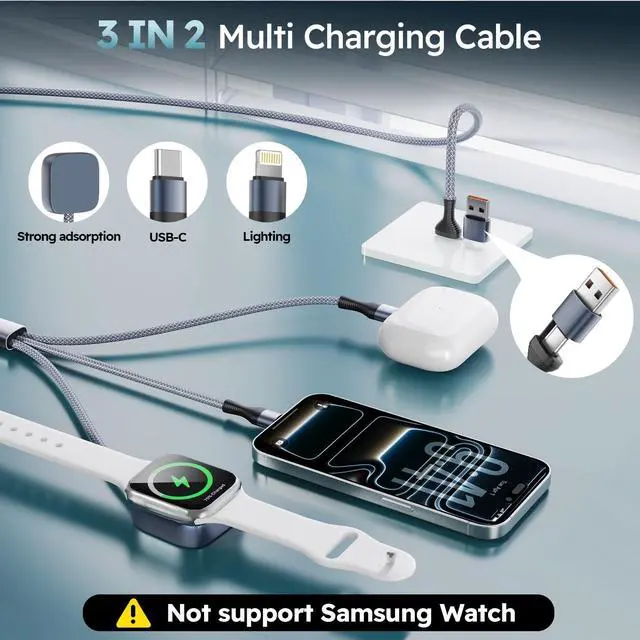 Alt view image 2 of 5 - Cruise Essentials 2026, 3 in 2 Multi Charging Cable for iPhone Watch Charger/iPhone 17/IP, iWatch Charger, Travel Camping Essentials Compatible with iWatch 11-2/Ultra/iPhone 17-8,Car (2Pack,6FT)White
