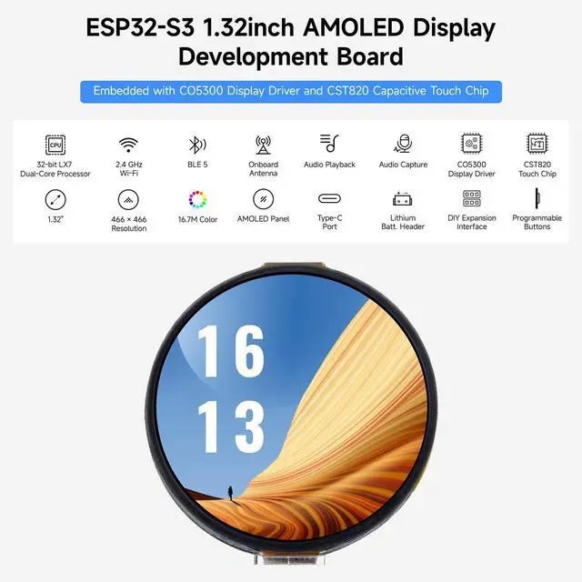Alt view image 3 of 5 - KLAYERS ESP32-S3-Touch-AMOLED-1.32,High-Performance Round AMOLED Development Board with 1.32-inch 466x466 Touch Display, Wi-F/Blue-T 5, Dual-Core Processor, and Audio Codec