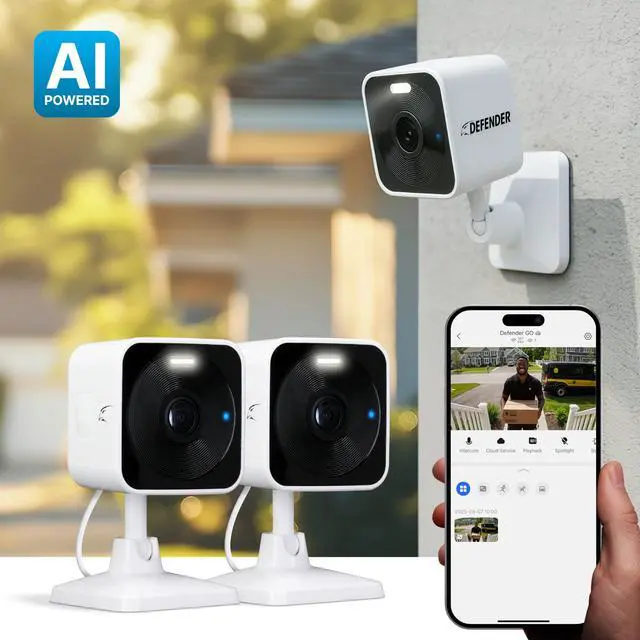 Alt view image 2 of 5 - Defender GO 2K AI Powered WiFi Indoor/Outdoor Home, Business, Pet, Baby Security Camera, AI Detection, Dual Band, Spotlight/Siren, Color Night Vision, 2-Way Talk, Works with ClearVu App, 2 Pack