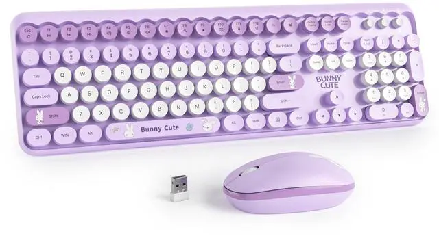 Main image of Owpkeenthy Cute Purple Keyboard and Mouse Wireless, Colorful Keyboard Retro Typewriter Style Full-Sized with Number Pad Round Keys for Desktop, Laptop and Computerr (Bunny Purple)