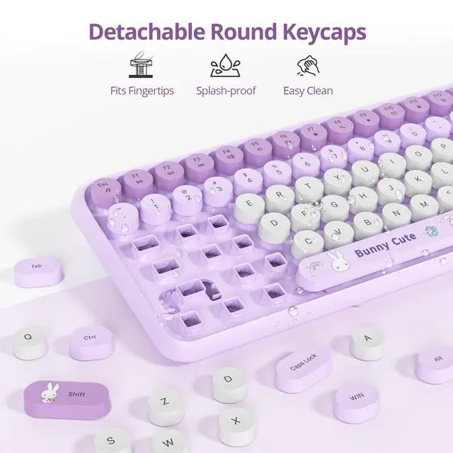 Alt view image 2 of 5 - Owpkeenthy Cute Purple Keyboard and Mouse Wireless, Colorful Keyboard Retro Typewriter Style Full-Sized with Number Pad Round Keys for Desktop, Laptop and Computerr (Bunny Purple)