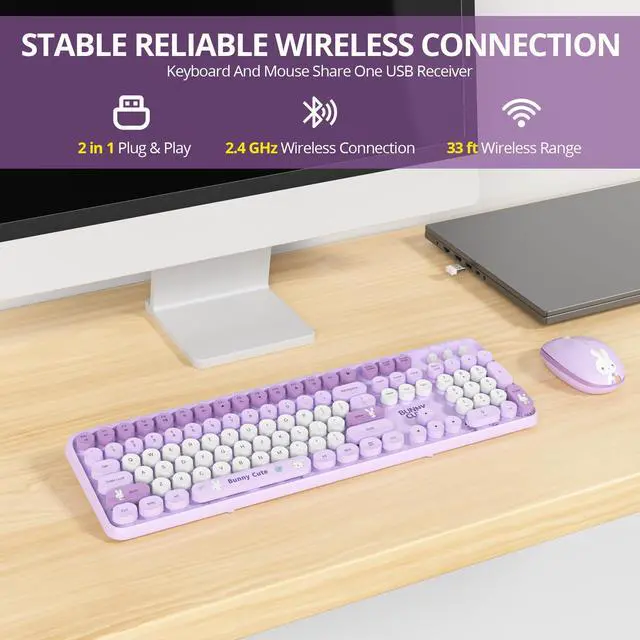 Alt view image 3 of 5 - Owpkeenthy Cute Purple Keyboard and Mouse Wireless, Colorful Keyboard Retro Typewriter Style Full-Sized with Number Pad Round Keys for Desktop, Laptop and Computerr (Bunny Purple)