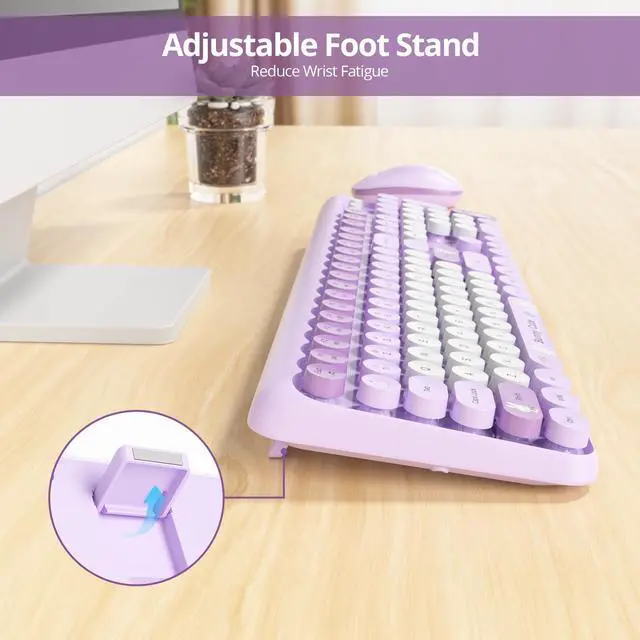 Alt view image 5 of 5 - Owpkeenthy Cute Purple Keyboard and Mouse Wireless, Colorful Keyboard Retro Typewriter Style Full-Sized with Number Pad Round Keys for Desktop, Laptop and Computerr (Bunny Purple)
