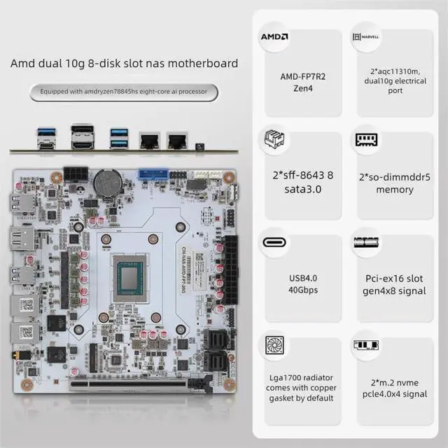 Alt view image 4 of 5 - AMD 8845HS 8-core NAS Motherboard with Dual 10G Ethernet Ports and 8-Bay AI Processor (Motherboard +2*SFF8643+ Fan)