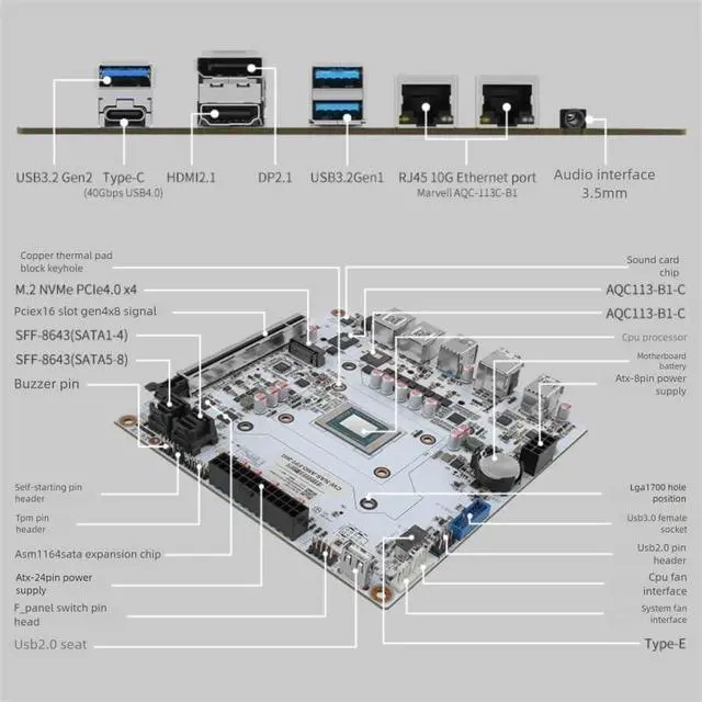 Alt view image 5 of 5 - AMD 8845HS 8-core NAS Motherboard with Dual 10G Ethernet Ports and 8-Bay AI Processor (Motherboard +2*SFF8643+ Fan)