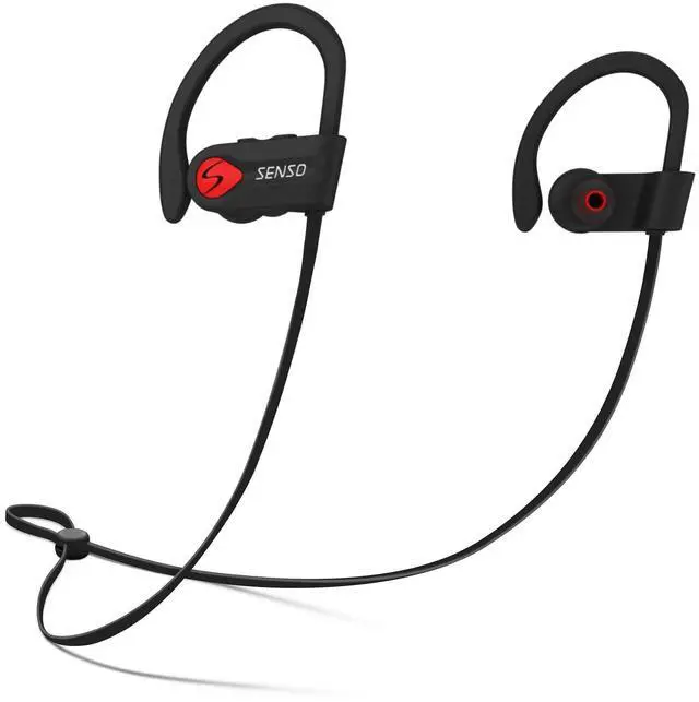 Main image of Senso Bluetooth Headphones, Best Wireless Sports Earphones w/Mic IPX7 Waterproof HD Stereo Sweatproof Earbuds for Gym Running Workout 8 Hour Battery Noise Cancelling Headsets (Black Red)