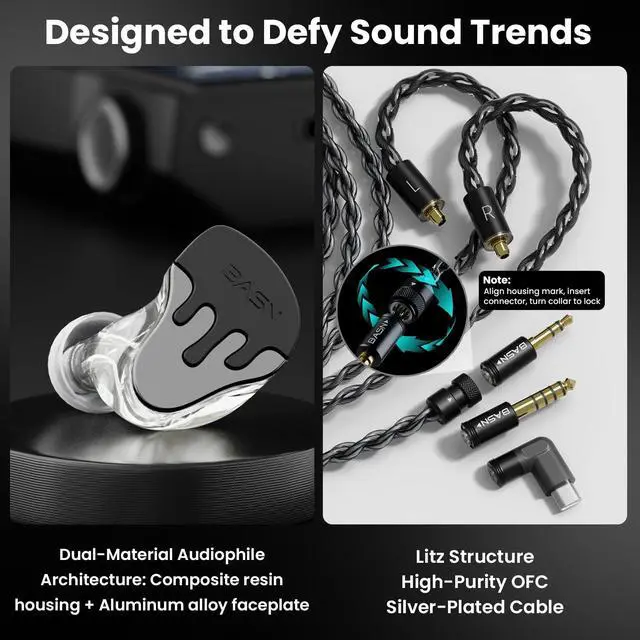 Alt view image 3 of 5 - BASN BmasterX USB-C in Ear Audio Monitor, Hybrid 6 Drivers IEM Earphones with Crystal Clear Sound, Detachable Cable Plus Carrying Case Fit Kit for Musician, Stage, Studio (Gunmetal Gray)