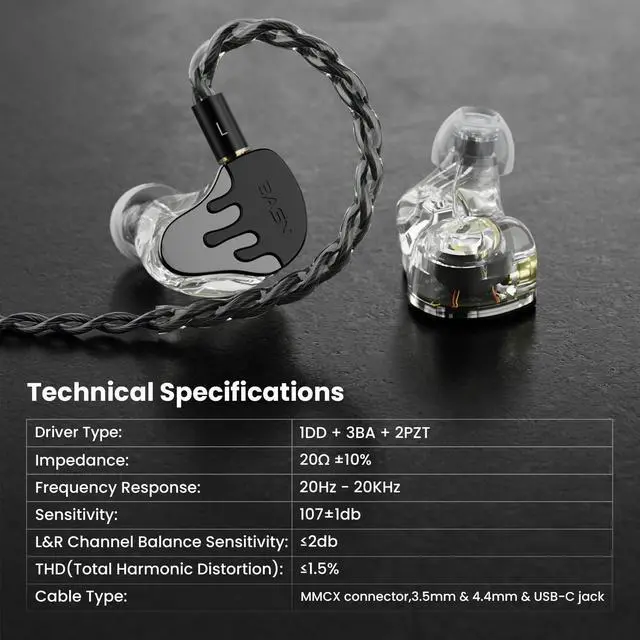 Alt view image 4 of 5 - BASN BmasterX USB-C in Ear Audio Monitor, Hybrid 6 Drivers IEM Earphones with Crystal Clear Sound, Detachable Cable Plus Carrying Case Fit Kit for Musician, Stage, Studio (Gunmetal Gray)