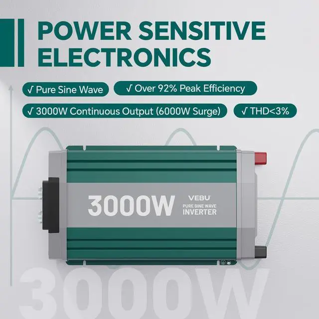 Alt view image 3 of 5 - VEBU 3000W Pure Sine Wave Inverter with ATS Mode, 12V DC to AC 120V Converter for Off-Grid System, RV, Truck, Camping, Peak 6000W