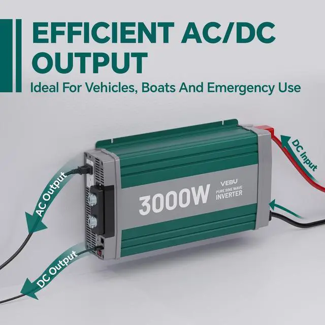 Alt view image 4 of 5 - VEBU 3000W Pure Sine Wave Inverter with ATS Mode, 12V DC to AC 120V Converter for Off-Grid System, RV, Truck, Camping, Peak 6000W