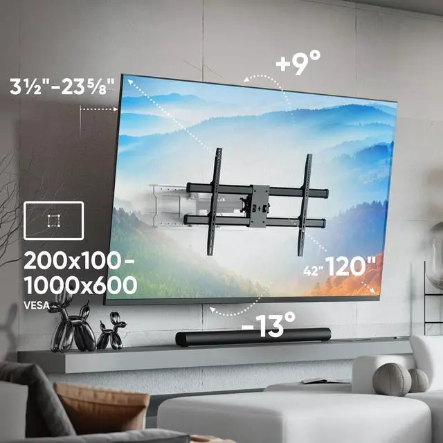 Alt view image 2 of 5 - ONKRON Full Motion TV Wall Mount for 42-120 Inch Screen up to 220 lbs, Large Heavy Duty TV Mount Extending, VESA 200x100-1000x600, Tilt and Swivel Television Mount Bracket, Black-White