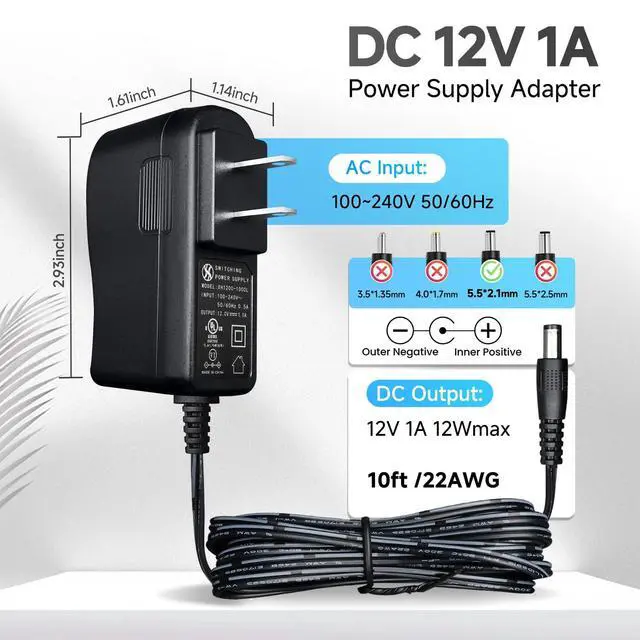 Alt view image 3 of 5 - UL Listed 10 Pack 12V 1A 10ft Power Supply Adapter, AC to DC 12W 12V 1000mA 800mA 500mA Replacement Power Cord for CCTV Security Camera DVR LED Strips Router BT Speaker LED Mirror Desk Lamp and More