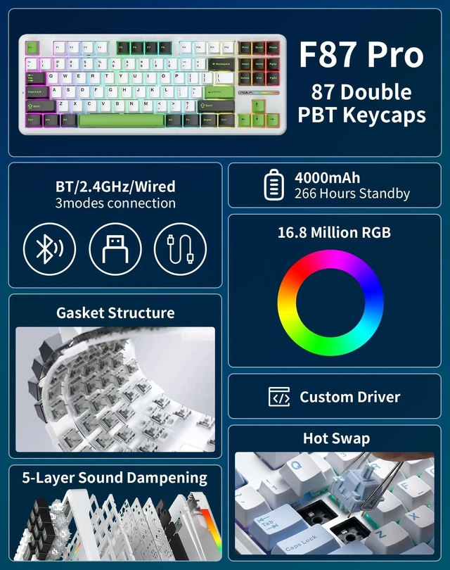 Alt view image 2 of 5 - Aula F87 Pro Wireless Mechanical Keyboard, Tri-Mode Bluetooth/2.4GHz/USB-C