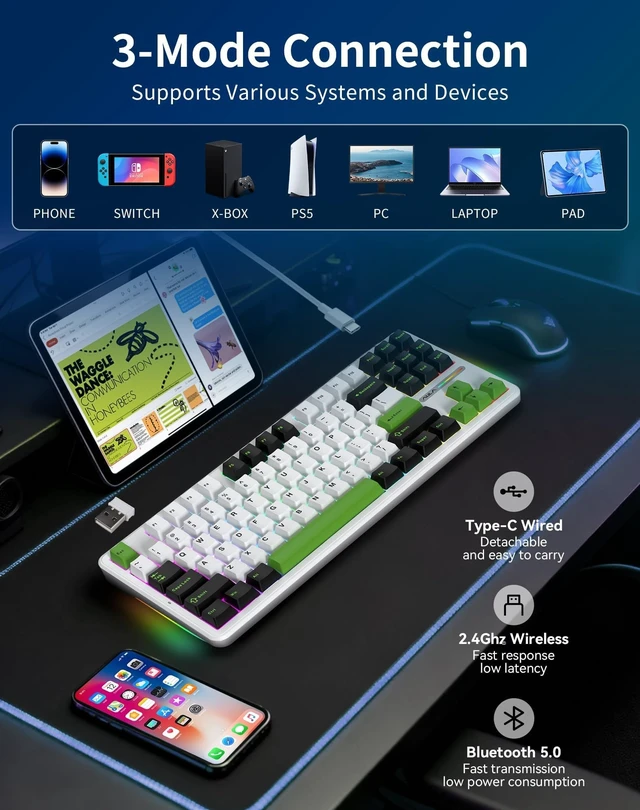 Alt view image 3 of 5 - Aula F87 Pro Wireless Mechanical Keyboard, Tri-Mode Bluetooth/2.4GHz/USB-C