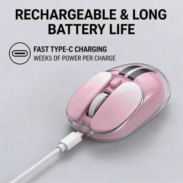 Alt view image 3 of 5 - M60 Tri-Mode Wireless Mouse, Transparent Gradient Silent Bluetooth Mouse (Bluetooth 5.0 + 2.4G + Wired), Ergonomic Portable Cute Computer Mouse for Laptop, Desktop, Mac, Windows, Office & Home