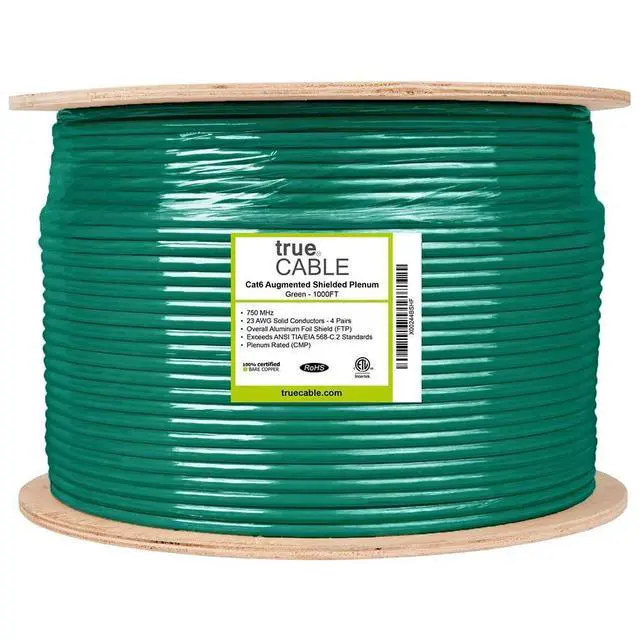 Alt view image 4 of 5 - TRUE CABLE Cat6A Shielded Plenum Bulk Ethernet Cable (CMP), Overall Aluminum Foil Shield (F/UTP), 1000ft, Green, 23AWG Solid Bare Copper, 750MHz, 10Gbps, PoE++ (4PPoE), ETL Listed
