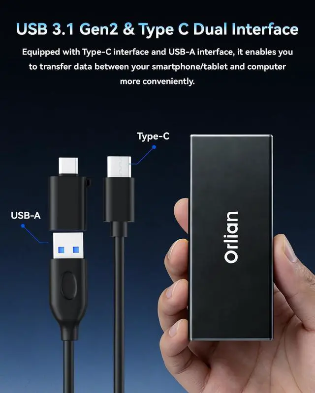 Alt view image 2 of 5 - Orlian 120GB External Portable SSD Solid State Drive USB 3.1 Gen 2 Up to 500MB/s High-Speed Solid State Drive for Phone, Windows, Android, PC and More