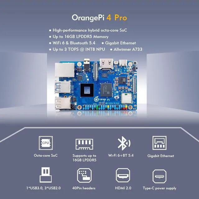 Alt view image 2 of 5 - Orange Pi 4 Pro 4GB/6GB/8GB/12GB LPDDR5 Allwinner A733 3 Tops NPU 8-Core Single Board Computer with eMMC Socket, WiFi 6/Bluetooth 5.4, Development Board Run Ubuntu/Debian/Android (6GB)