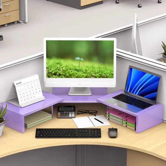 Alt view image 5 of 5 - OUTIOE Dual Monitor Stand for Desk, Metal Monitor Riser, Purple Office Supplies Desk Accessories (Purple)