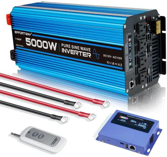 Main image of 5000W Pure sine Wave Inverter DC 12V to AC 110V/120V Converter 10000w (Peak) with LCD Display Wireless/Wired Remote Control 4AC outlets 4USB and Hardwired AC.Ideal for RV Travel Off-Grid Solar