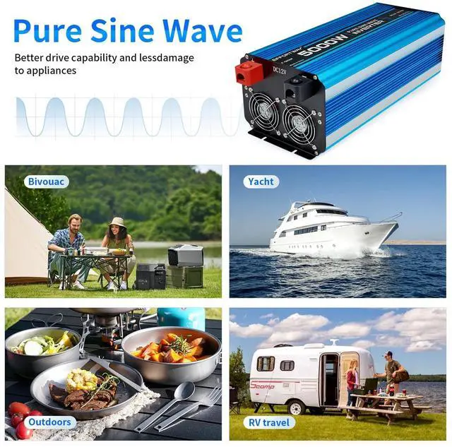 Alt view image 2 of 5 - 5000W Pure sine Wave Inverter DC 12V to AC 110V/120V Converter 10000w (Peak) with LCD Display Wireless/Wired Remote Control 4AC outlets 4USB and Hardwired AC.Ideal for RV Travel Off-Grid Solar