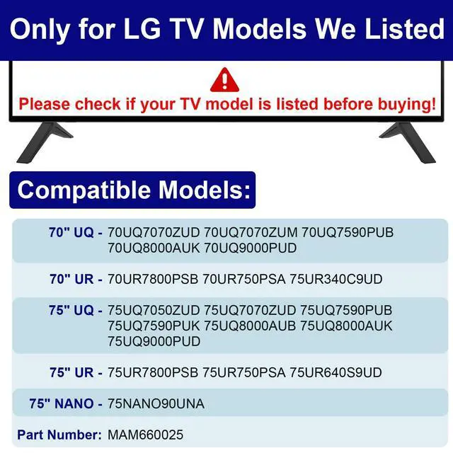 Alt view image 3 of 5 - Stand for LG TV Legs Replacement, for LG 70" 75" TV 75UQ9000PUD 70UQ7070ZUD 70UP8070 70UQ7590PUB 70UQ8000 70UQ9000 70UR7800 75UQ7070 75UQ7590 75UR7800 75NANO90UNA MAM660025 with Screws