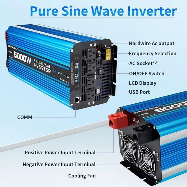 Alt view image 3 of 5 - 5000W Pure sine Wave Inverter DC 12V to AC 110V/120V Converter 10000w (Peak) with LCD Display Wireless/Wired Remote Control 4AC outlets 4USB and Hardwired AC.Ideal for RV Travel Off-Grid Solar