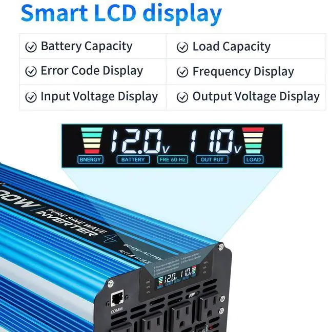 Alt view image 5 of 5 - 5000W Pure sine Wave Inverter DC 12V to AC 110V/120V Converter 10000w (Peak) with LCD Display Wireless/Wired Remote Control 4AC outlets 4USB and Hardwired AC.Ideal for RV Travel Off-Grid Solar