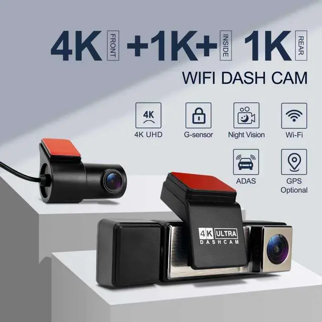 Alt view image 2 of 5 - CTRYUN 3 Channel Dash Cam Front and Rear Inside, Built-in WiFi, 64GB Card Included, G-Sensor, 24H Parking Monitor, 4K+1080P+1080P Dash Camera for Cars (A3 ADAS)