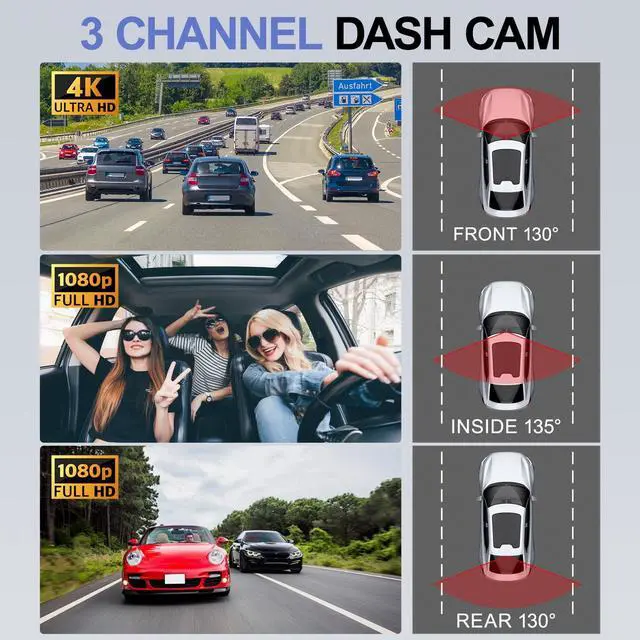 Alt view image 3 of 5 - CTRYUN 3 Channel Dash Cam Front and Rear Inside, Built-in WiFi, 64GB Card Included, G-Sensor, 24H Parking Monitor, 4K+1080P+1080P Dash Camera for Cars (A3 ADAS)