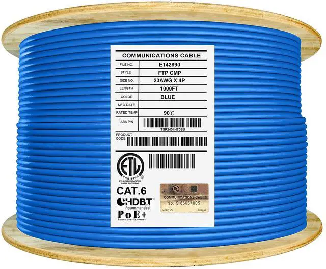 Main image of Elite Cat6 Shielded Plenum (CMP), 1000ft, FTP 23AWG, Solid Pure Copper, 550MHz, UL Listed, UL-LP Certification, Higher Performance PoE, Bulk Ethernet Cable Reel, Blue