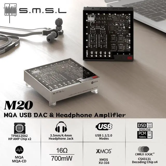 Alt view image 2 of 5 - LIN.LIN.LIN SMSL M20 MQA USB DAC Support MQA MQA-CD USB2.1 USB2.2 Gaming DAC 4* CS43131Chip 3.5mm & 4.4mm Headphone Amplifier PCM XMOS XU-316 768kHz/32Bit DSD256 PCM Filter Audio Decoder