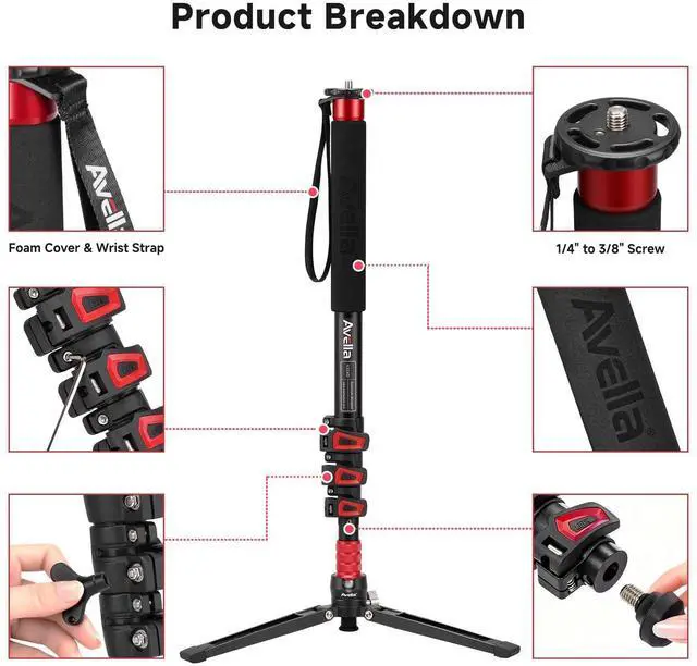 Alt view image 2 of 5 - Avella A324D Aluminum 67 Inch Camera Monopod Professional Telescopic Video Monopods Base Tripod for Canon Nikon Sony Olympus Panasonic DSLR Camera Black