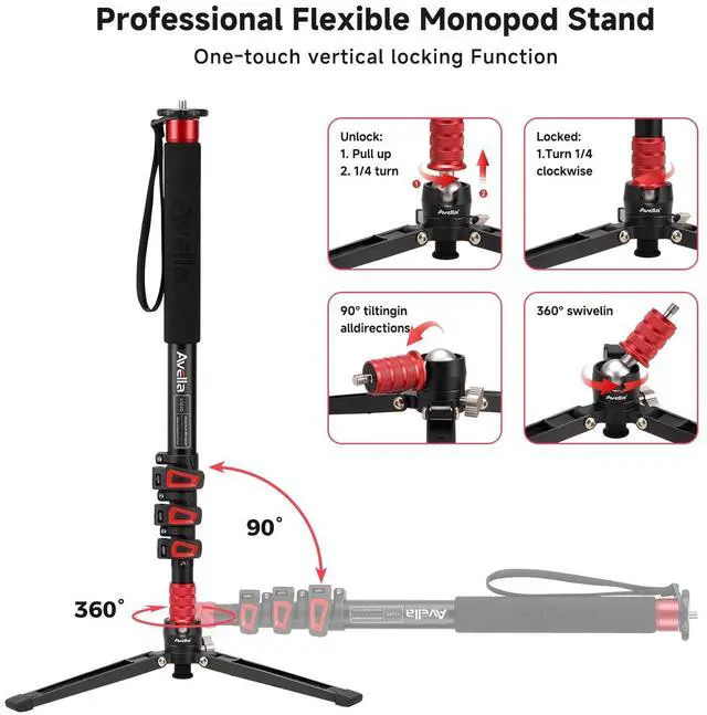 Alt view image 4 of 5 - Avella A324D Aluminum 67 Inch Camera Monopod Professional Telescopic Video Monopods Base Tripod for Canon Nikon Sony Olympus Panasonic DSLR Camera Black