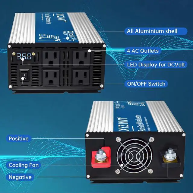 Alt view image 3 of 5 - XYZ INVT 2000W Pure Sine Wave Inverter DC 12V to AC 110V 120V, 3600W Peak Power Inverter with 4 AC Outlets and LED Display for Car, Truck, Solar, Home Off Grid Over 90% Efficiency
