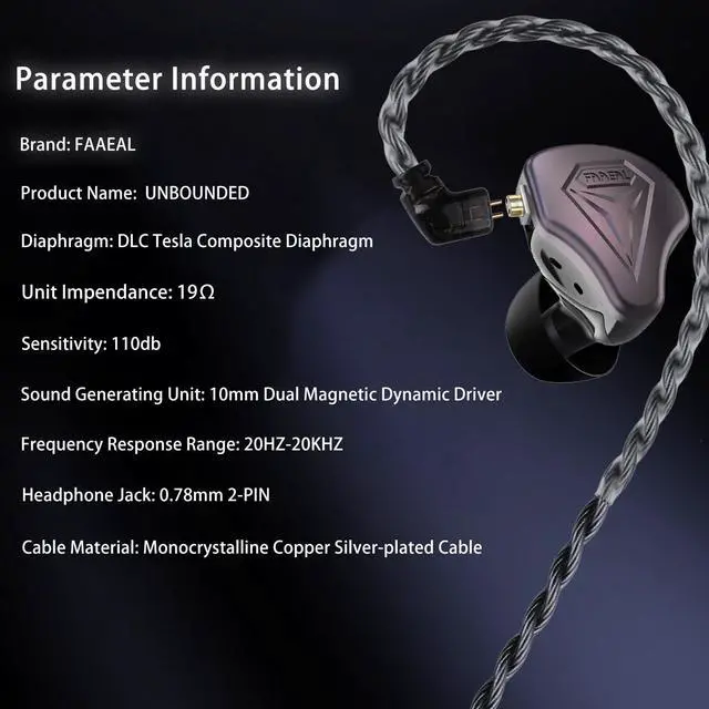 Alt view image 5 of 5 - FAAEAL Composite Diaphragm in-Ear Monitor Headphones, HiFi Wired Earbuds, QDC-2PIN Detachable Silver Plated IEM Cable Compatible for KZ ZSN ZS10 PRO TRN MT1 Headphones 3.5mm 4.2ft