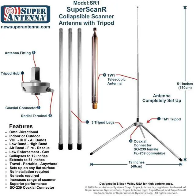 Alt view image 2 of 2 - Scanner SDR Antenna Tripod Portable Collapsible by Super Antenna SR1 UHF VHF broadband