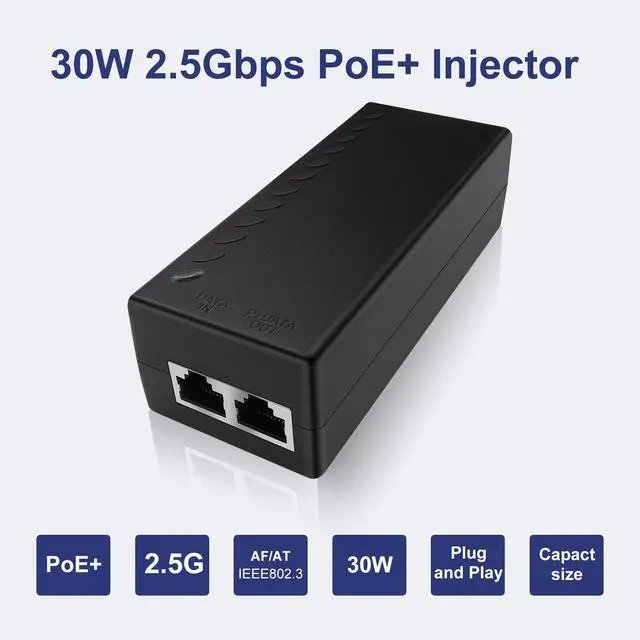 Alt view image 2 of 5 - 30W 2.5Gbps PoE+ Injector Adapter, 30W,10/100/1000/2500Mbps RJ-45, IEEE 802.3af / 802.3at Compliant, up to 100 Meters (325 Feet), POE30 (POE30-2.5Gbps)