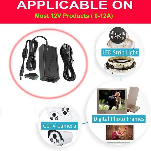 Alt view image 5 of 5 - HAASHADA Power Supply, 12V Power Transformers, AC 100-240V to DC 12V 12A Power Supply LED Adapter, 144 Watt Max, for LED Strip Neon Rope String Lights, Computer Project, Recorder, TV Screen