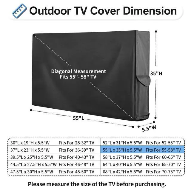 Alt view image 2 of 5 - OutdoorLines Waterproof & Weatherproof Outdoor TV Cover - for 55-58 Inch Flat Screen TV, Dustproof & UV Resistant, Black, Size 55" L x 35" W x 5.5" H